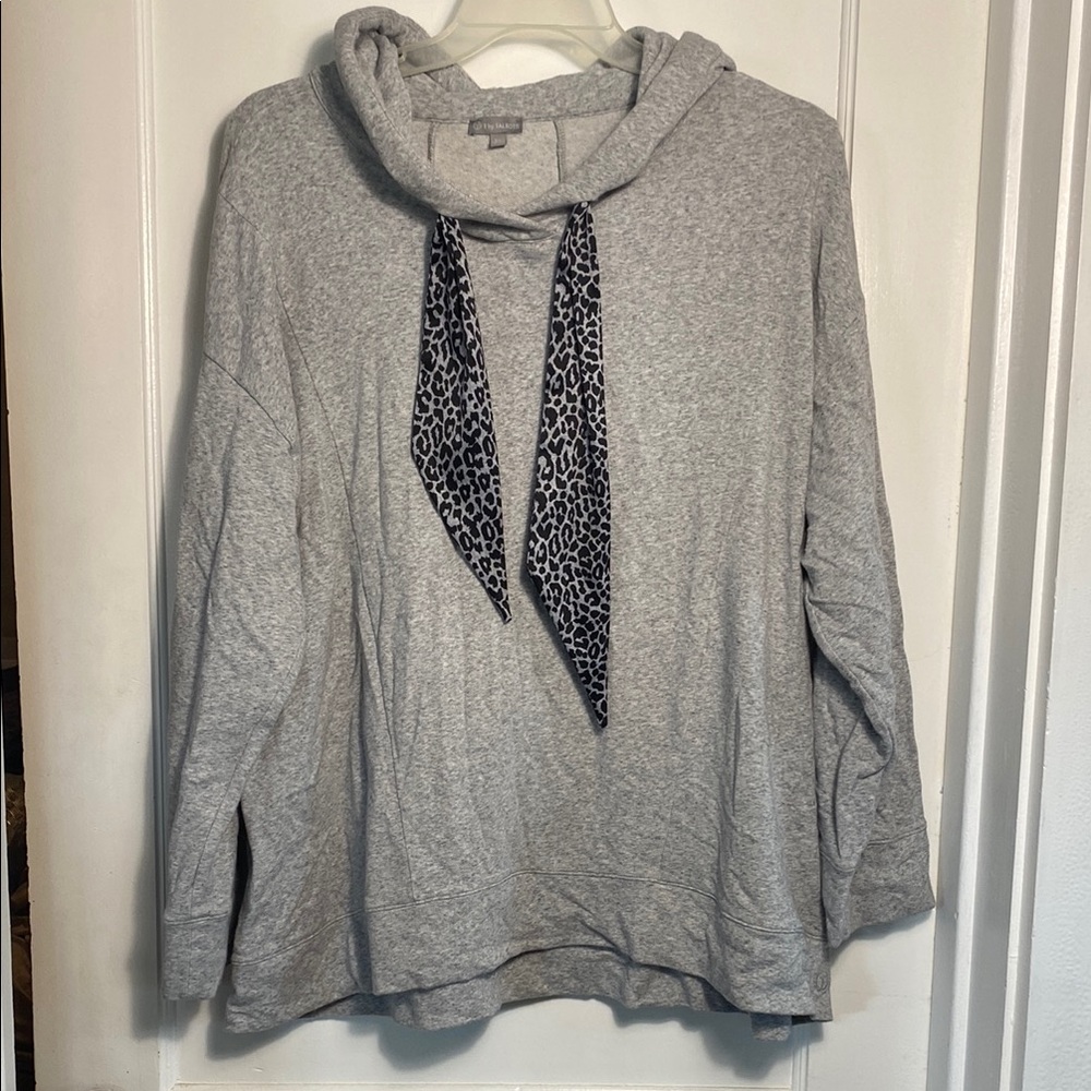 T by Talbots Gray Very Stretchy Hoodie with Leopard Print Ties Size 2X